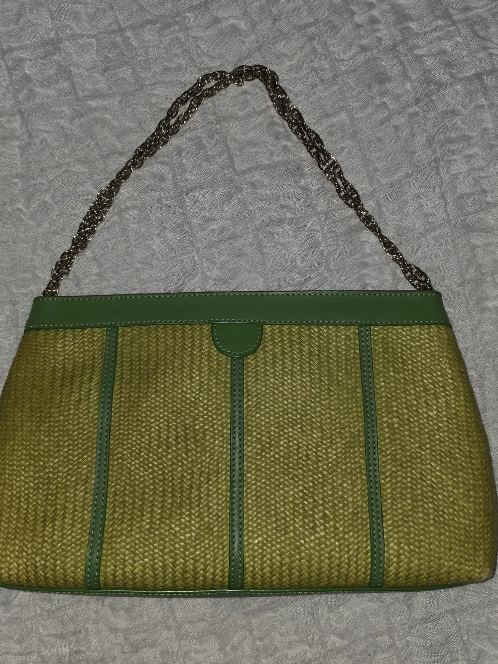 Kate Spade New York Woven Straw Shoulder Bag with Green Leather Trim